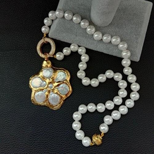 YYGEM 22''Gold color Plated freshwater pearls Flower Pendant White Sea Shell Pearl Necklace Coin Pearl necklace for women