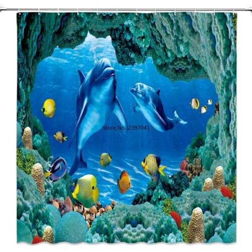 Ocean Dolphin Deep Sea Polyester Shower Curtain Bathroom Waterproof with 12 Hooks Pedestal Rug Lid Toilet Cover Bath Mat Set