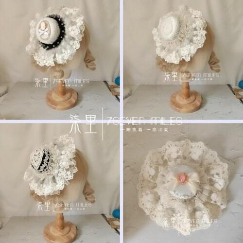 Mori Girl White Hymn white Palace Style lace lolita Top hat hairpin Lace Cute Bow High hat hairpin women Tea Party Flat Hat Prop