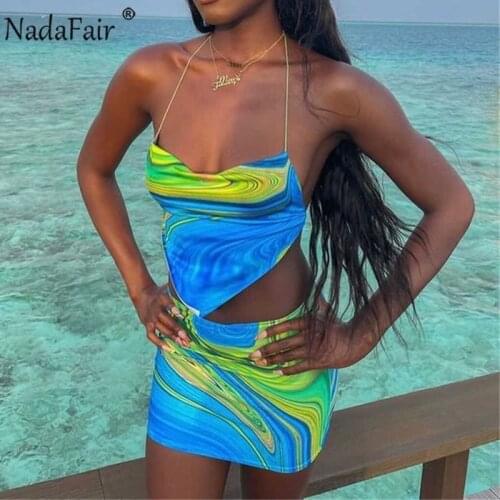 Nadafair Tie Dye Beach Sexy Dress Women Two Piece Set Club Outfits Backless Crop Tops And Mini Skirts Suit Bodycon Summer Dress