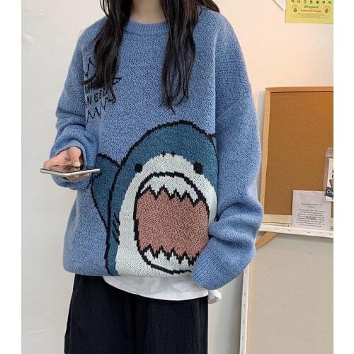 Women Sweater Oversized Pullovers Autumn Winter Harajuku Shark Print Knitting korean Fashion Y2K Jumpers Loose Pullover Clothes