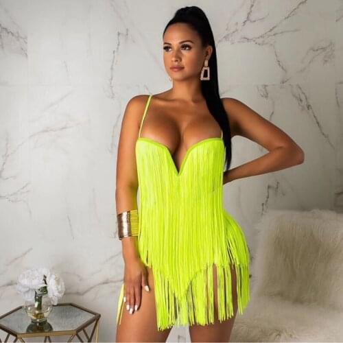 New Fashion Neon Green Dress Celebrity Tassel Sexy V Neck Short Bodysuit Dress Women Party Cocktail Vestidos Dressses Wholesale