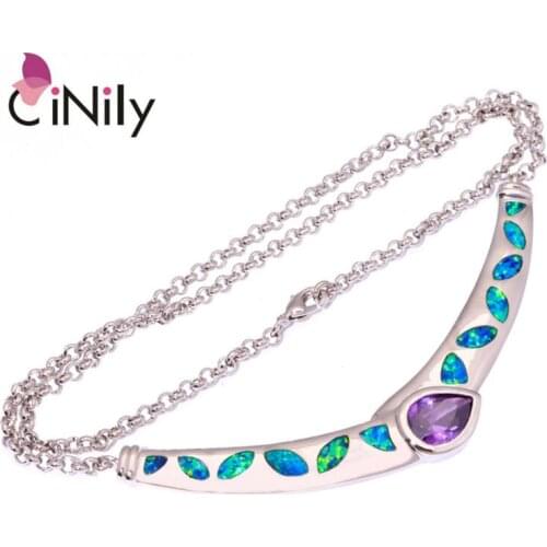 Created Blue Fire Opal Purple Zircon Silver Plated Necklaces Wholesale Hot Sell for Women Jewelry Necklace Pendant 17 7/8" OL47