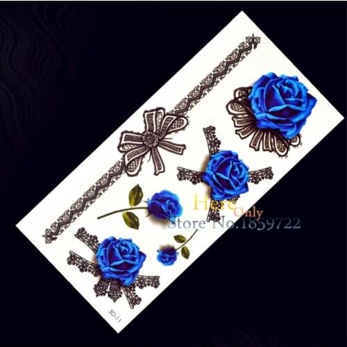 Hot 1PC Removable 3D Waterproof Temporary Tattoo Body Art H3D-11 Blue Enchantress Blue Rose Leg Bowknot Bow Bracelet Black