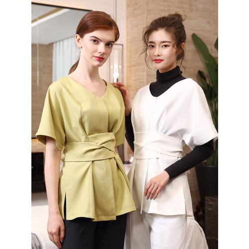 2021 Spring/Summer Fashion Short Sleeve Green Blouse+Pants Set Beautician Salon SPA Uniform Clothing Tea House Woking Clothes