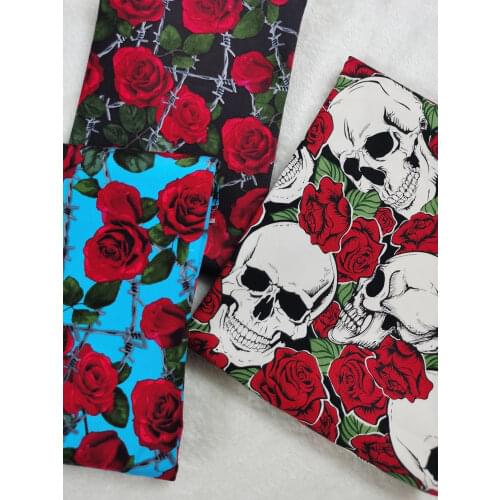 3pcs Skull Rose Flower Cotton Fabric Satin Darkly Cool Chain Patchwork Print Quilting Sewing Material Bundle DIY Textile Tissue