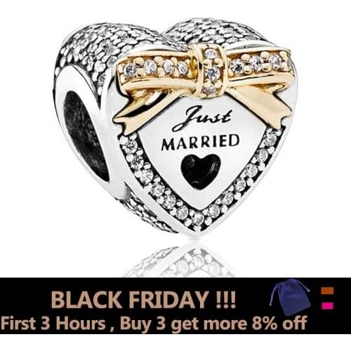 925 Sterling Silver Marriage Ornament Charm Just Married Gold Plated Silver Bead Charms Fit Pandora Bracelet For Wedding Jewelry