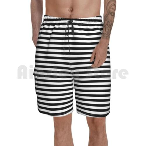 Black And White Simple Stripe Beach Shorts Men Beach Pants Swim Trunks Black White Horizontal Background Striped