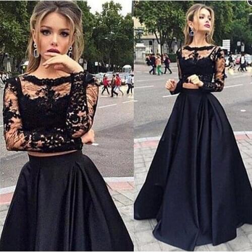 2019 Two Piece Black Evening Dresses A Line Lace Top Long Sleeves Illusion Formal Prom Dress Floor Length Satin Skirt