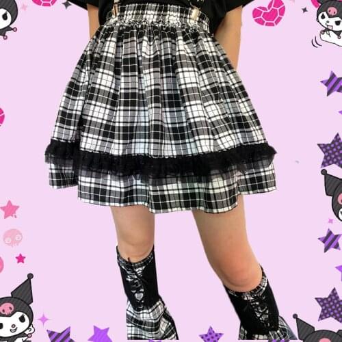 Black White Lace Korean Fashion Pleated Skirts Gothic Plaid Y2k Girl Mini Skirt Harajuku School Lady Empire Midi Japanses Cloth