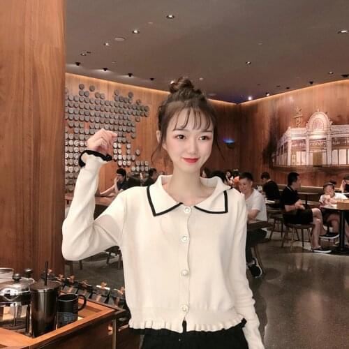 Women Turn Down Collar Long Sleeve Knitted Blouse Buttons Ruffle Hem Cardigan for Spring Autumn Womens Wear Tops