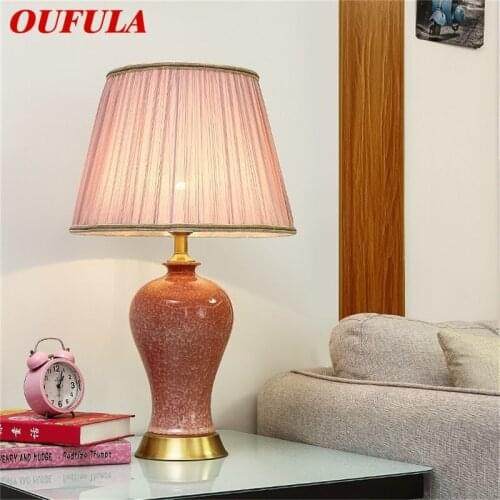 OUFULA Ceramic Table Lamps Pink Luxury Copper Desk Light Fabric for Home Living Room Dining Room Bedroom Office