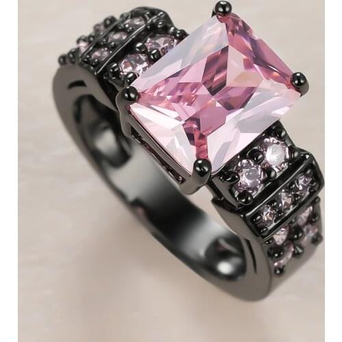 Cute Female Pink Crystal Stone Ring Charm 14KT Black Gold Wedding Rings For Women Dainty Bride Square Zircon Engagement Ring