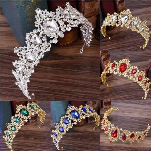 Fashion Vintage Baroque Green Blue Red Crystal Tiaras Crowns for Women Girls Bride Headpiece Wedding Hair Jewelry Accessories