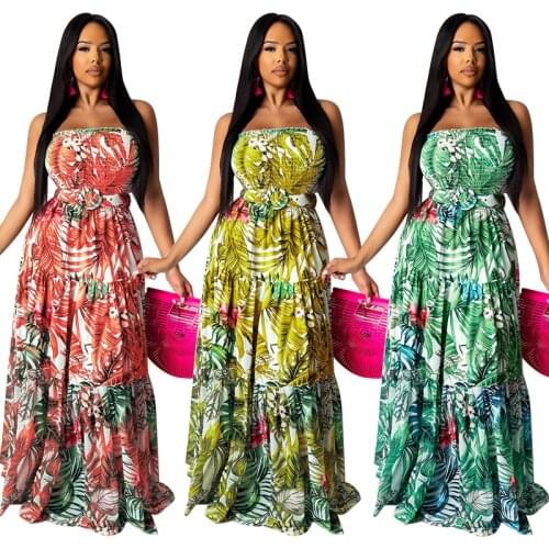 Maxi Dresses for Women Beach Casual Style Wholesale Items Sexy Sleeveless Waistband Print Elegant Summer Dress 2xl Dropshipping
