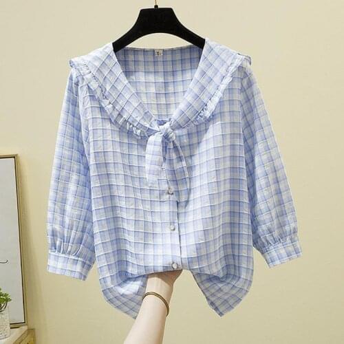 French Plaid Shirt Female Plus Size Fashion Retro Doll Collar Design Blouse Womans Tops Women-blouses Ladies Tops