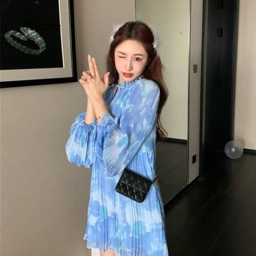 Blue Chiffon Casual Sweet Stand Collar Ruffle Pleated Short Dress Spring Summer Mini Dresses Tie Dye Long Sleeve Loose Clothing