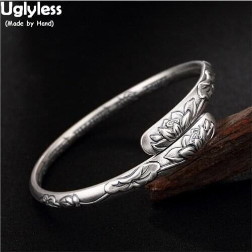 Uglyless Double-sided Carving Clover Flowers Bangles for Women Solid 99.9% Full Silver Lotus Flower Bangles Adjustable Bracelets