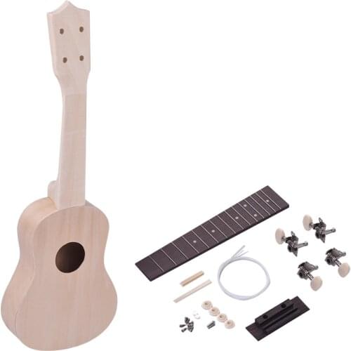 21 Inches Unfinished DIY Ukulele Ukelele Uke Kit Basswood Body Neck Rosewood Fingerboard Bridge Nylon String for Ukulele Lovers