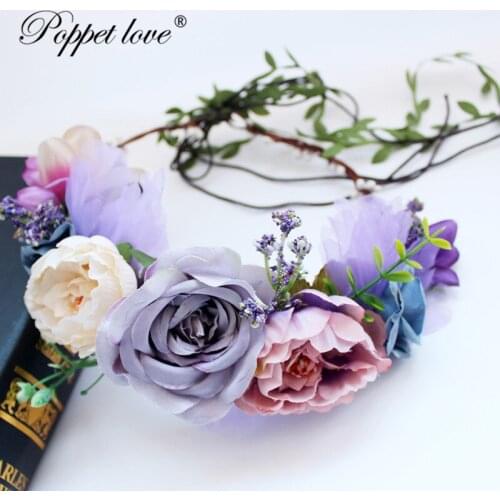Big Roses Flower Halo Bridal Purple Floral Crown Hair Wreath Mint Head Wreath Wedding Accessories Headpiece Bridesmaid