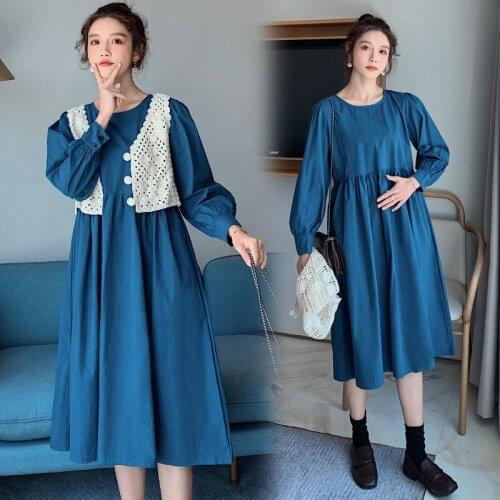 Spring Autumn Maternity Clothes Dresses for Pregnant Women Fashion French Niche Long Dress + Crochet Hollow Vest For Pregnancy