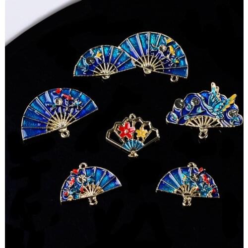 Vintage Royal Blue Enamel Charms Pendants 10pcs Zinc Alloy Fan Charm Pendant forJewelry Making Accessories Findings Free ship