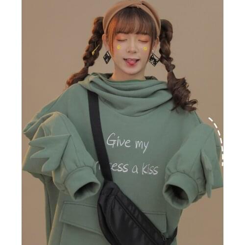 Mid-length avocado green plus velvet women creative stitching three-dimensional cute design frog pullover pocket jacket