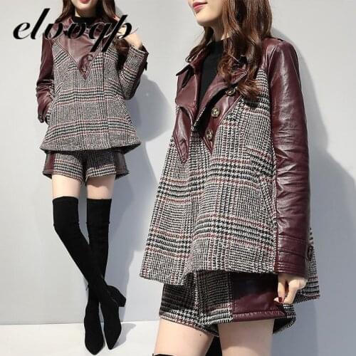 European Style Autumn Winter 2 Piece Set Women Patchwork Leather Woolen Tweed Plaid Jacket Coat Short Pants Two Piece Set Women