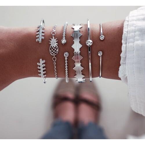 Tocona 6pcs/sets Sivler Bracelets Clear Crystal Stone Bangles for Women Beach pineapple Summer Minimalist Jewelry 8197