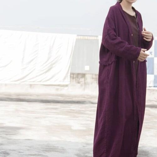 Women Purple Vintage Burlap Trench Cardigan Cotton and Linen Coat 2019 Spring New Long Sleeve Button Loose Women Long Trenchcoat