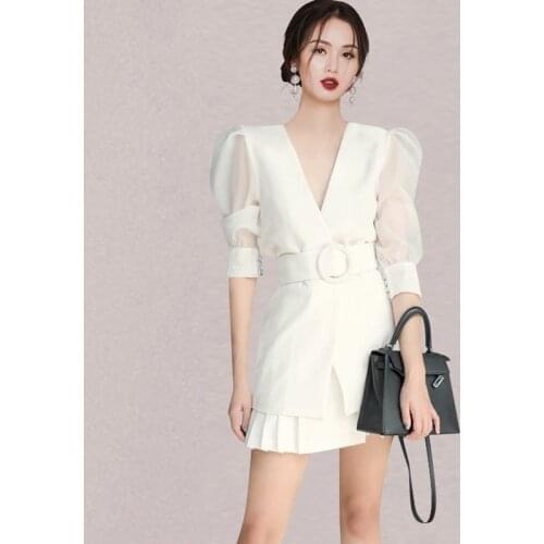 V-Neck Puff Sleeve White Two Piece Set Women with Belt + High Waist Pleated Shorts Skirts Elegant Vintage Office Tracksuit C333