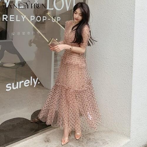 Janeyiren fashion designer summer dress Womens V-neck vintage Mesh dots Diamonds belt Elegant slim long dress