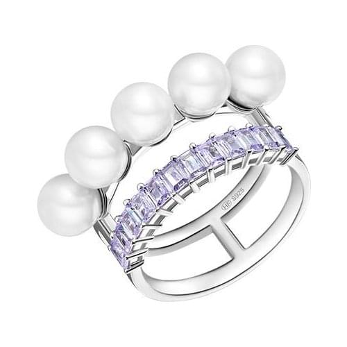 SLJELY Fashion Lovely 925 Sterling Silver Lavender Zircon Double Ring with Pearls Stones Women Girls Luxury Brand Jewelry Gift