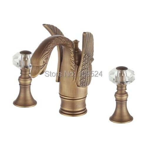 Free shipping antique bronze finish 3pcs swan sink faucet 8 inch widespread lav sink mixer faucet crystal handles faucet