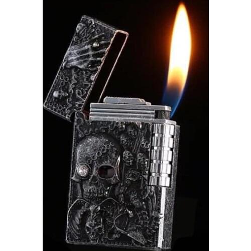 Root Of All Evil Diamond-set Gas Lighter Sharp PING Sound Cigarette Lighter Metal Skull Relief Gas Butane Flame Lighter Smoker