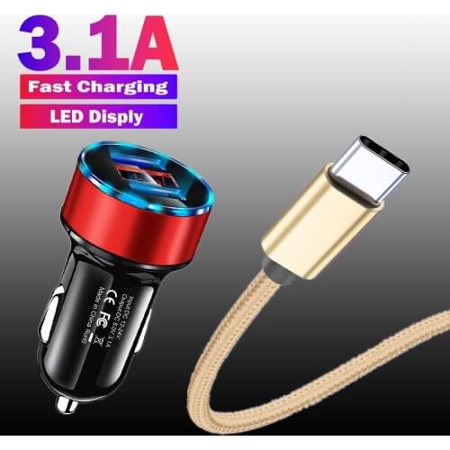 3.1A Car Charger Dual USB C Charging For Huawei P20 P30 P40 Lite Honor 9A 9C 9S 10 Samsung S20 A52 A72 Nylon Braided Data Cable