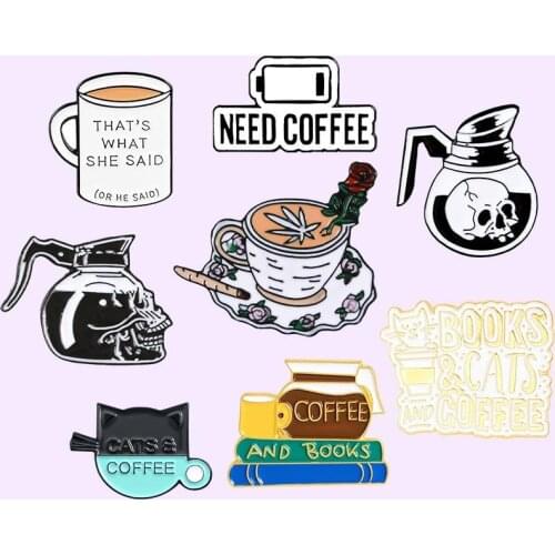 No Coffee No Soul Pins Books Cat Skull Latte Coffee Pot Cup Power Brooch Coffee Lover Badge Cartoon Jewelry Gifts Pin Wholesale