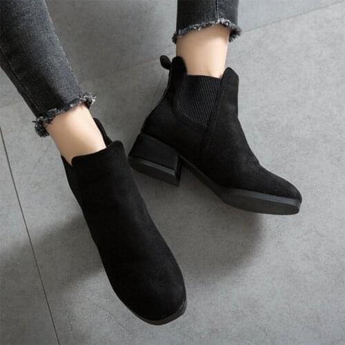 Autumn Shoes Women Ankle Boots Suede Black Chelsea Boots Slip on Ladies Casual Thick Heel Shoes Fashion Comfortable Female 35-43