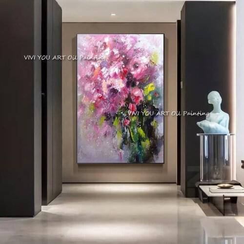 The Best Handmade Pink Flower Mural Oil Painting On Canvas Lovely Wall Arts Picture For Living Room Decoration Frameless Graph