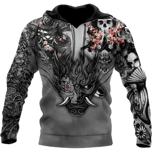 Men Casual Hoodies Samurai Oni Mask Tattoo 3D Printed Unisex Sweatshirts Harajuku Fashion Zip Hoodies DY135