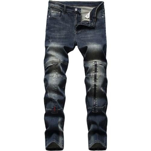 Mens Vintage Blue Stretch Denim Jeans Trendy Patchwork Slim Pants Sim Straight Trousers