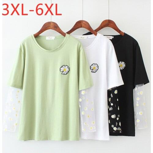 New 2021 Ladies Summer Plus Size Tops For Women Large Long Sleeve Loose Cotton Floral Green Embroidery T-Shirt 3XL 4XL 5XL 6XL