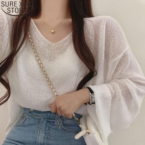 2021 Spring and Summer New Knitted Shirt Ice Silk Blouse Thin Back V-neck Hollow Lace-up Trumpet Sleeve Sunscreen Sweater 14802
