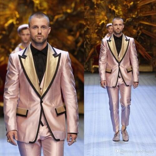 New Fashion Pink Groom Tuxedos Excellent Men Wedding Dress Men Business Prom Party Dinner Holiday Suit(Jacket+Pants+Tie+Vest)