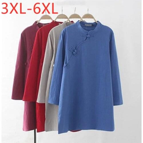 New 2021 Ladies Spring Autumn Plus Size Mini Dress For Women Large Long Sleeve Loose Blue Cotton Linen Dress 3XL 4XL 5XL 6XL