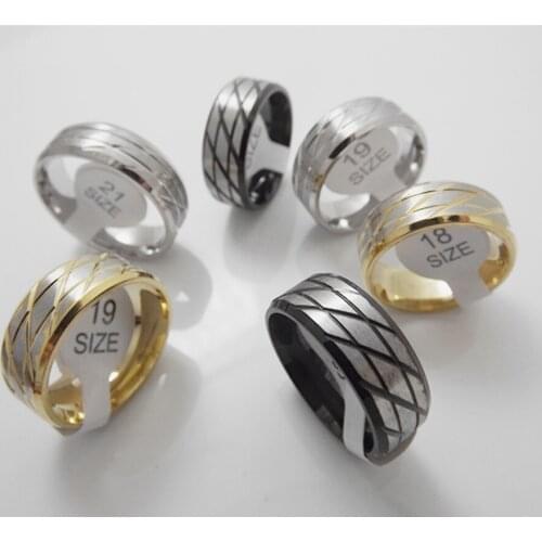 Wholesale 36 pcs 8mm Inner arc Three-color mix Slash stripes stainless steel ring Fashion Jewelry