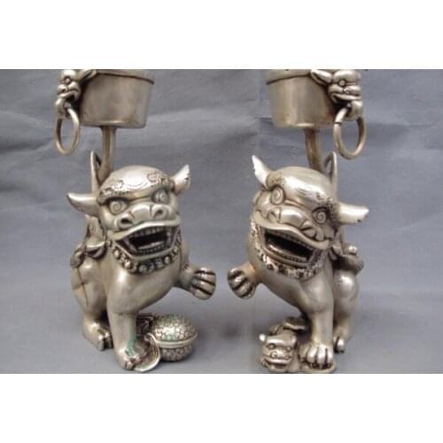 Song voge gem S1005 Chinese Royal White Copper Silver Evil Foo Dog Lion Kylin Kilin Candlestick Pair