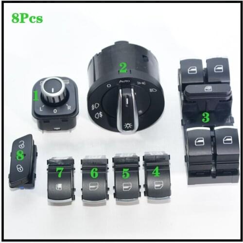 8 Pcs Chrome Headlight Switch Window Mirror For Golf MK5 6 Rabbit Passes B6 B7 CC 5ND941431B 5ND959565A 1K0962125B 1KD959833