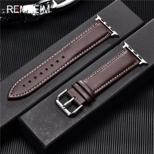 REMZEIM Calfskin Leather Watchband for Apple Watch Band Series 5/4/3/2/1 Sport Bracelet 42mm 38mm 44mm 40mm Brown Black