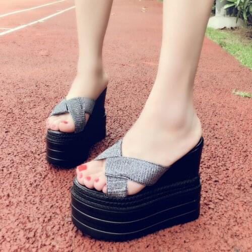 Summer 14CM female slippers 2019 Korean version of the wild non-slip soft bottom high heel slippers beach sandals and slippers